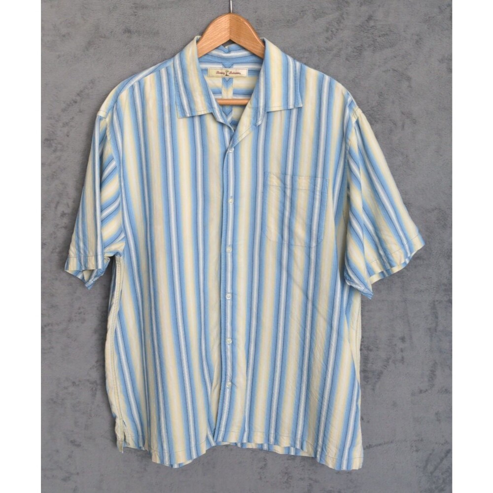 Tommy Bahama 100% Silk Shirt Mens XL Multi Stripe Short Sleeve Camp Button Up